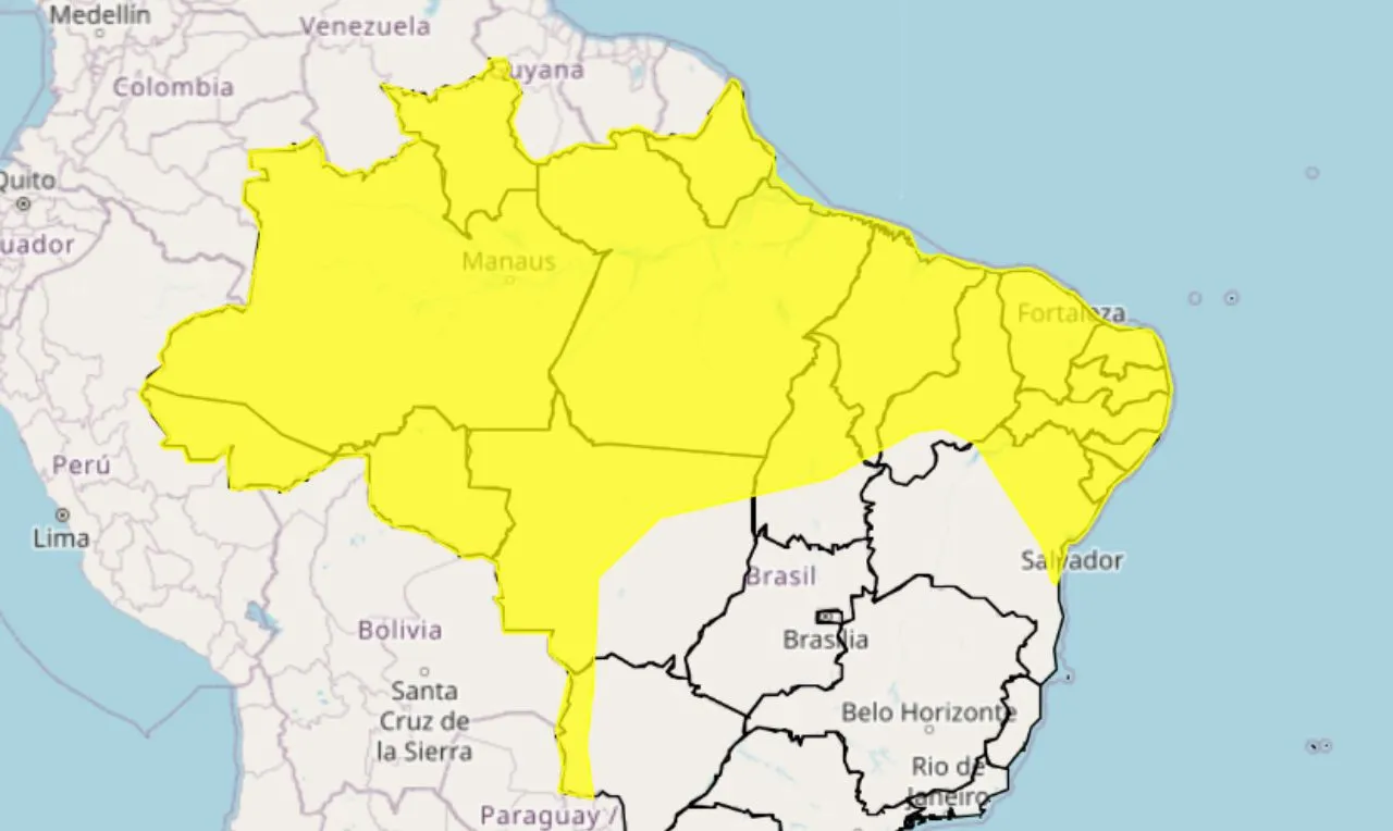 O mapa mostra as &aacute;reas em alerta amarelo para chuva intensa